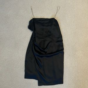 Black satin dress with ruching and rhinestone strap